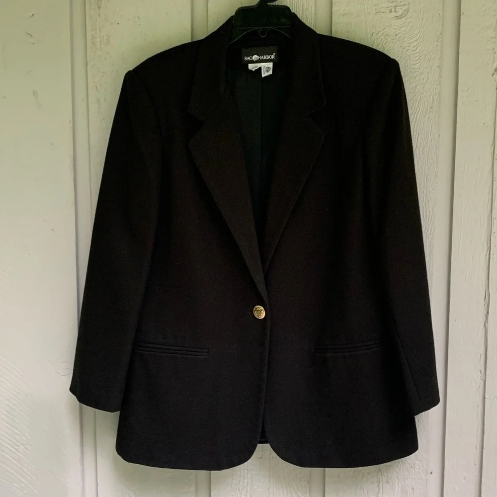 Sag Harbor Black Pure Wool Blazer Size 14 One Button Lined Y2K Vintage Shoulder